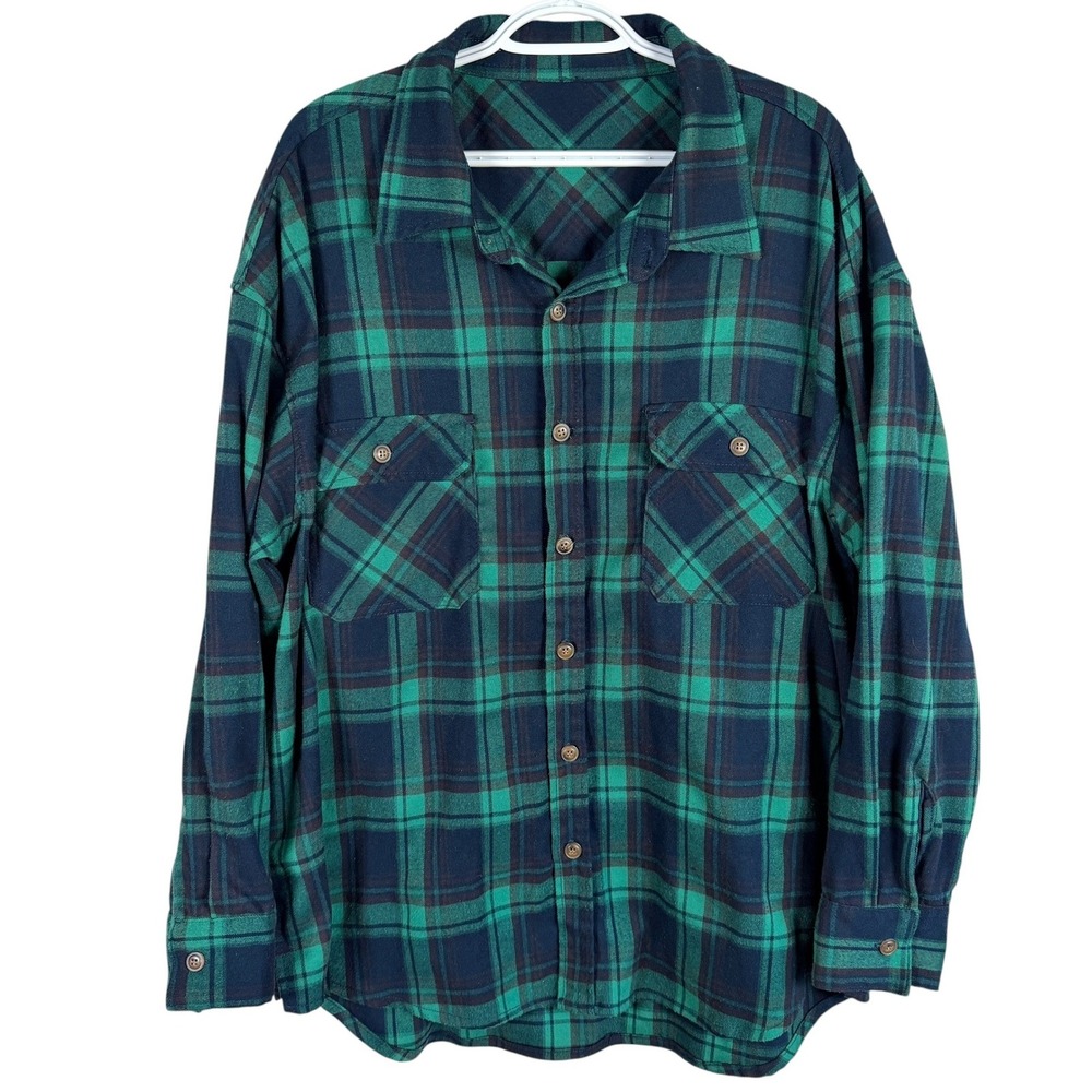 MNML Heavyweight Flannel Shirt Button Up Shirt Mens XL Green Blue Plaid Stretch